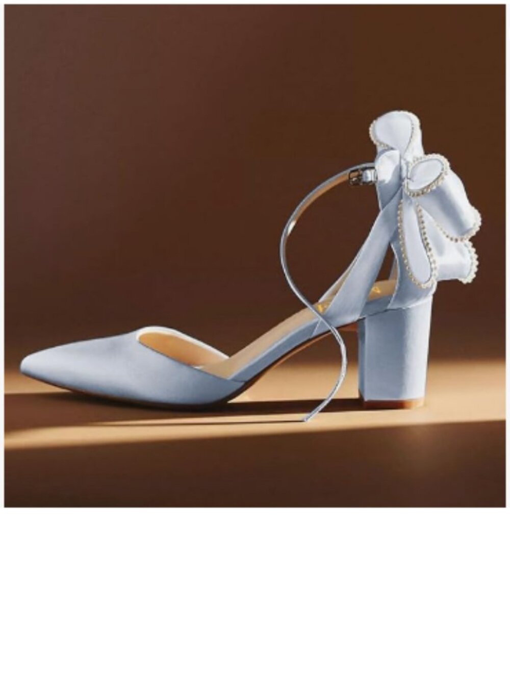 miss left Blue Bows Closed Pointy Toe Pumps Pearls Chunky Heel Strap Buckle Shoe